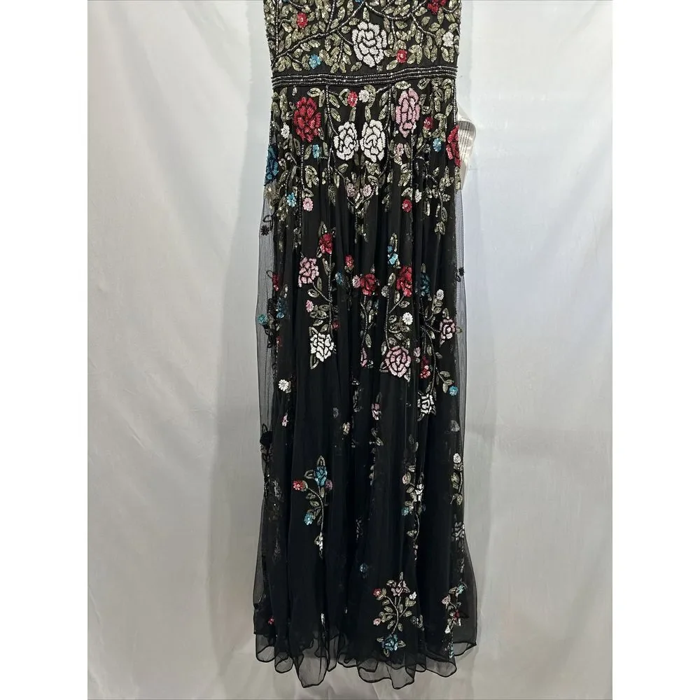 NWT $698 Mac Duggal [ 8 ] V Neck‎ Embellished Floral Sequined Gown Black #G1635 - Picture 12 of 15